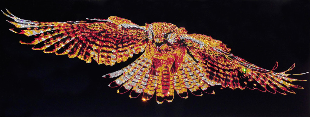 Dance of the hawke, 30300 Swarovski elements, plexiglas, 60x160 cm, 2015.